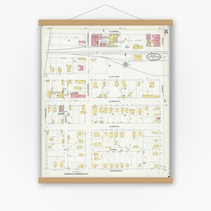Old map wall art mockup — magnetic wood frame on white wall — Sanborn Fire Insurance Map from Litchfield, Montgomery County, Illinois (1905), Sheet #0008