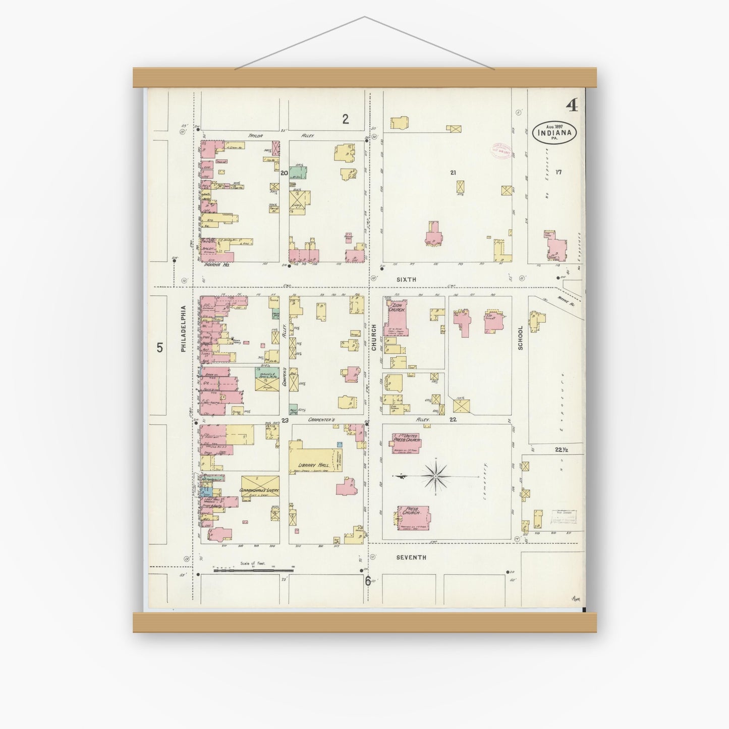 Old map wall art mockup — magnetic wood frame on white wall — Sanborn Fire Insurance Map from Indiana, Indiana County, Pennsylvania (1888), Sheet #0004