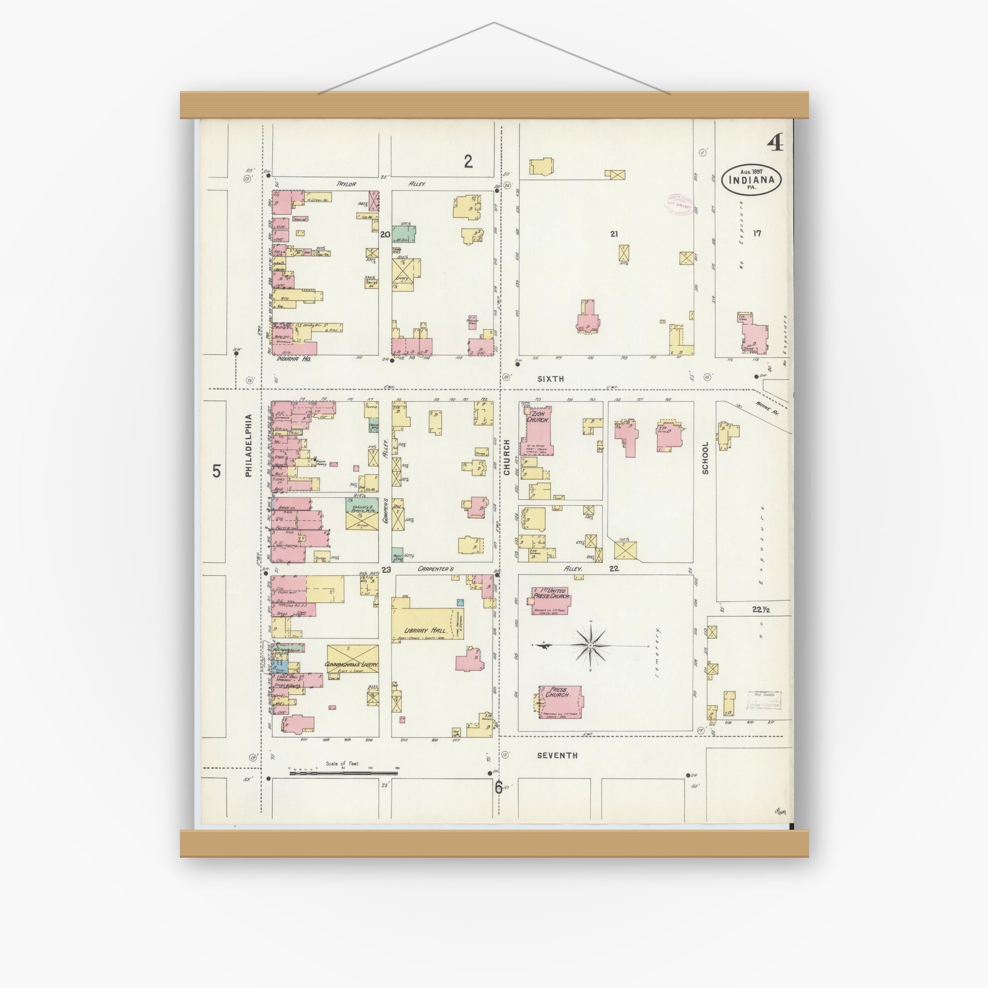 Old map wall art mockup — magnetic wood frame on white wall — Sanborn Fire Insurance Map from Indiana, Indiana County, Pennsylvania (1888), Sheet #0004