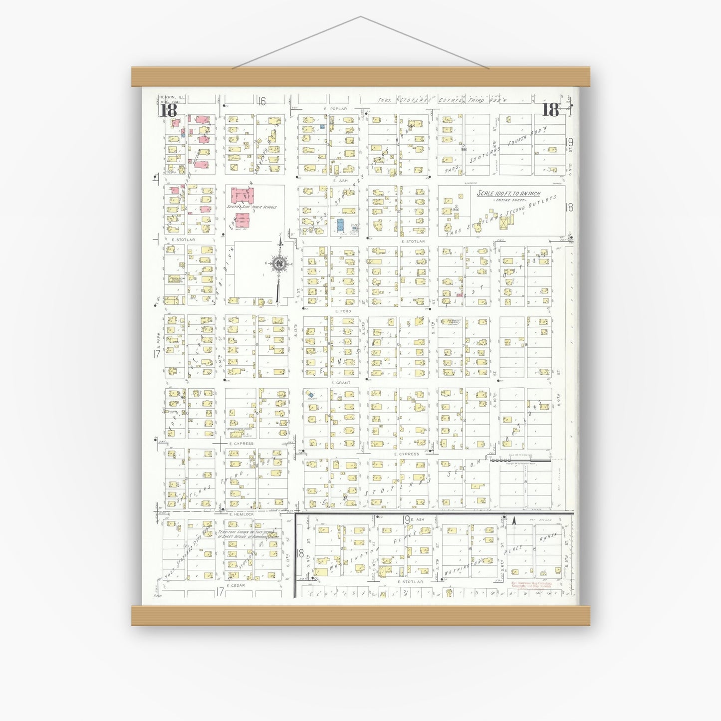 Old map wall art mockup — magnetic wood frame on white wall — Sanborn Fire Insurance Map from Herrin, Williamson County, Illinois (1941), Sheet #0018