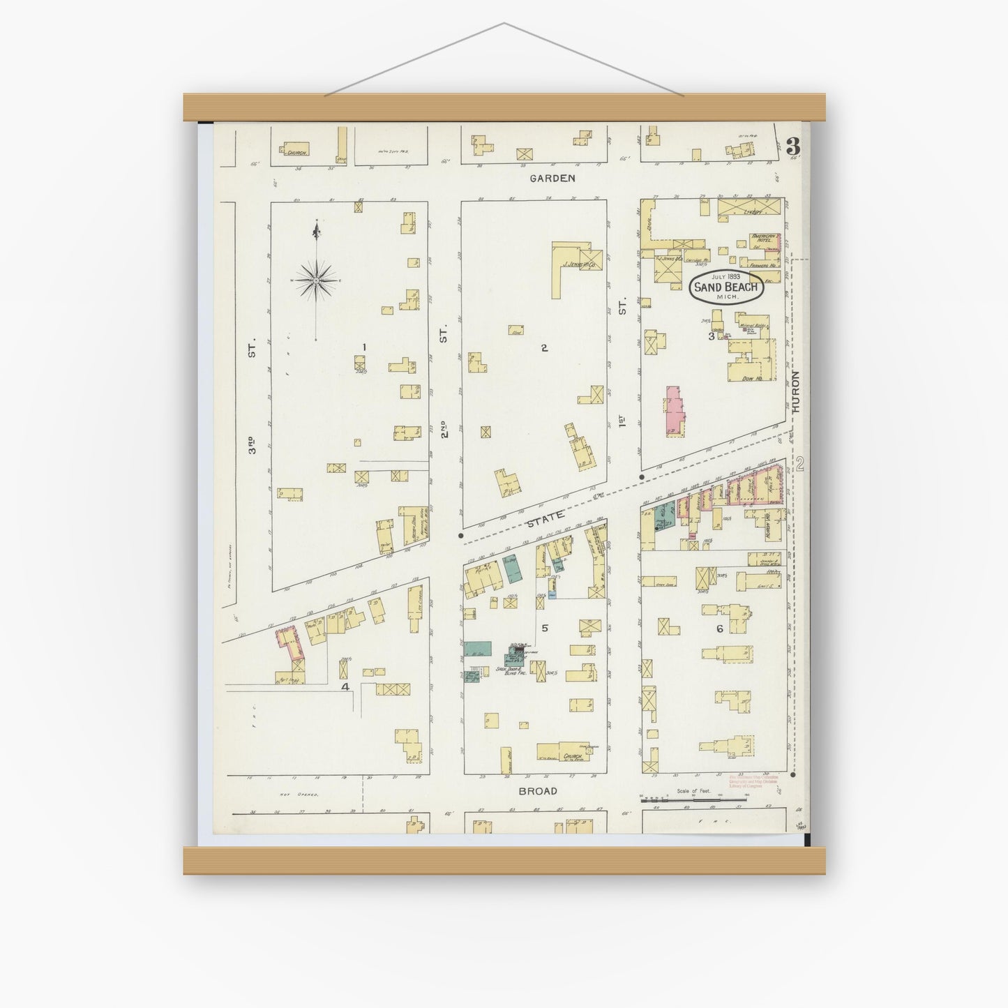 Old map wall art mockup — magnetic wood frame on white wall — Sanborn Fire Insurance Map from Sand Beach, Huron County, Michigan (1893), Sheet #0003