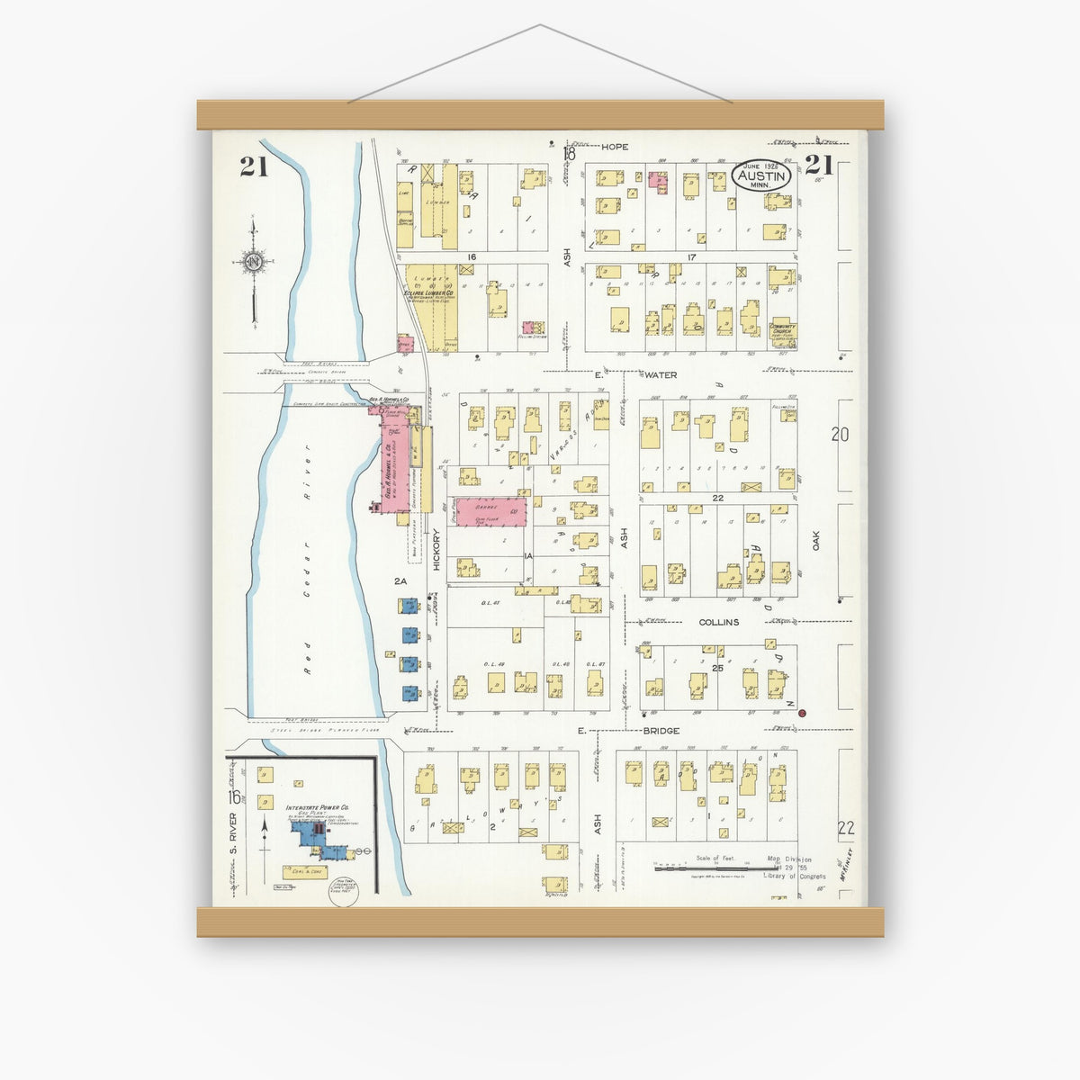 Old map wall art mockup — magnetic wood frame on white wall — Sanborn Fire Insurance Map from Austin, Mower County, Minnesota (1926), Sheet #0021