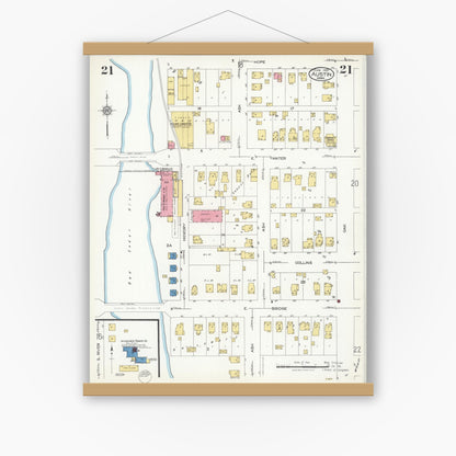Old map wall art mockup — magnetic wood frame on white wall — Sanborn Fire Insurance Map from Austin, Mower County, Minnesota (1926), Sheet #0021