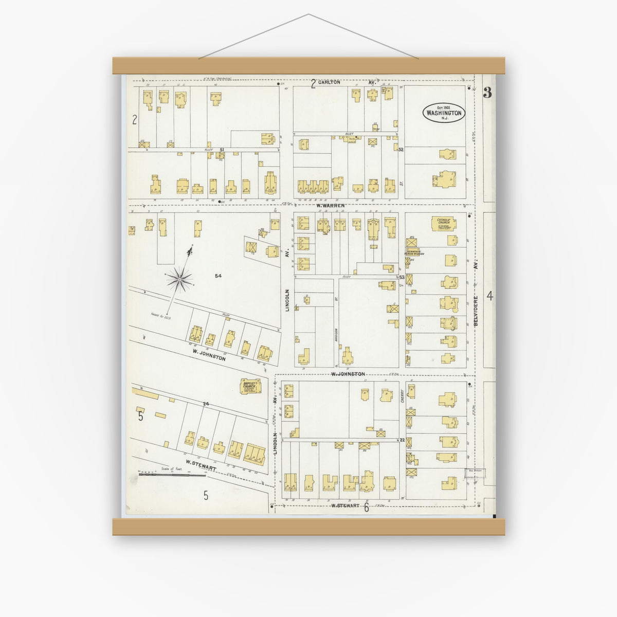 Old map wall art mockup — magnetic wood frame on white wall — Sanborn Fire Insurance Map from Washington, Warren County, New Jersey (1902), Sheet #0003