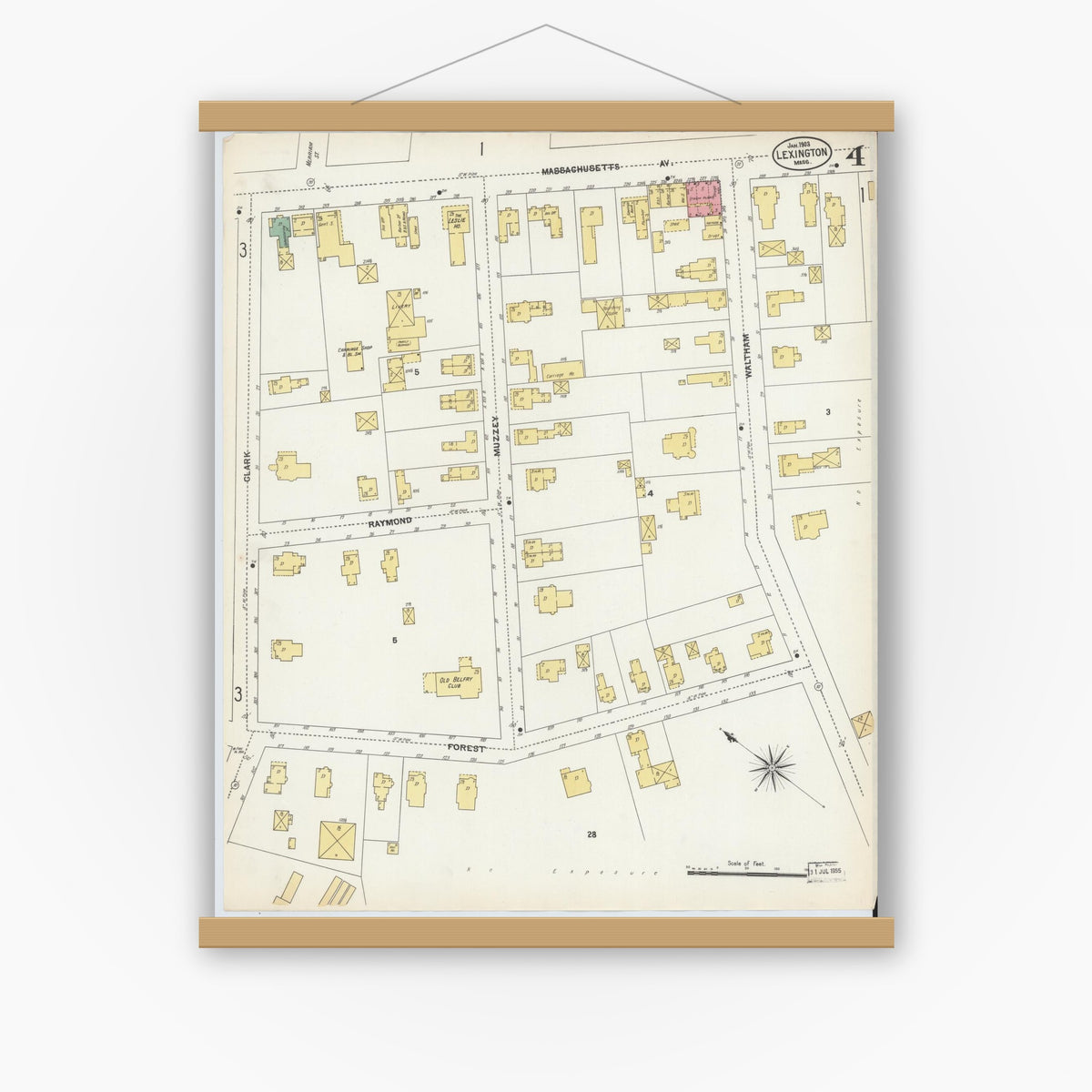 Old map wall art mockup — magnetic wood frame on white wall — Sanborn Fire Insurance Map from Lexington, Middlesex County, Massachusetts (1903), Sheet #0004
