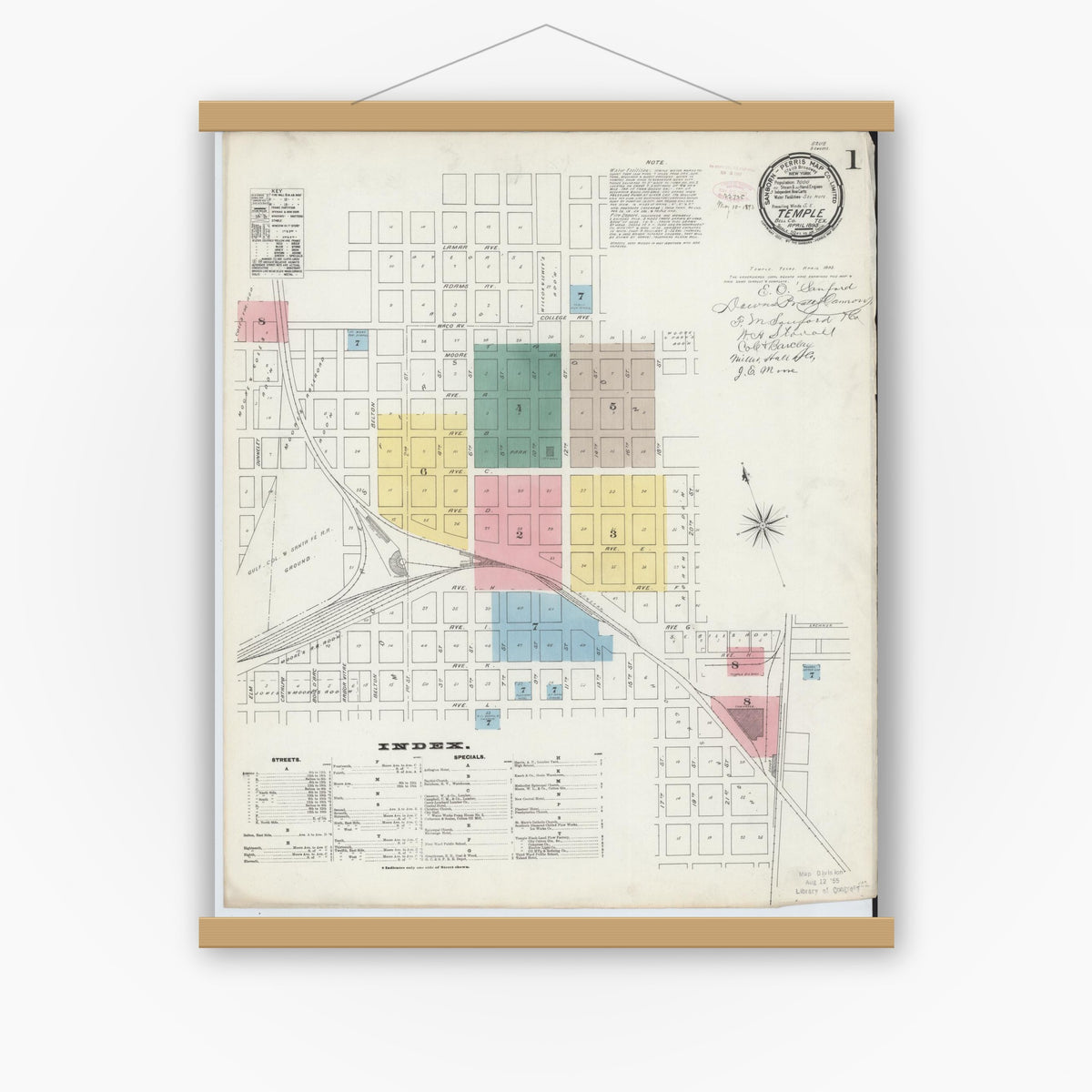 Old map wall art mockup — magnetic wood frame on white wall — Sanborn Fire Insurance Map from Temple, Bell County, Texas (1893) - Complete Map Set