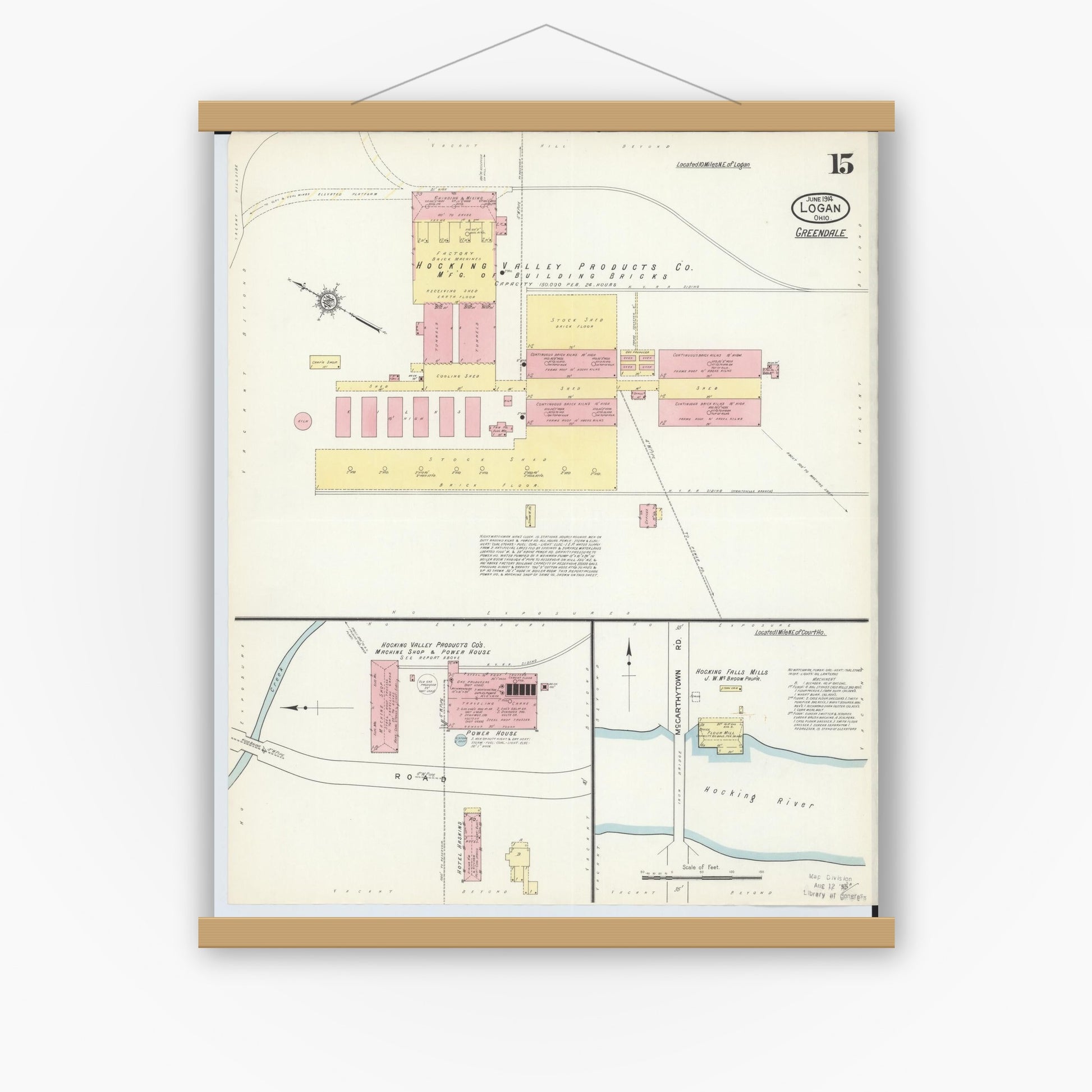 Old map wall art mockup — magnetic wood frame on white wall — Sanborn Fire Insurance Map from Logan, Hocking County, Ohio (1914), Sheet #0015