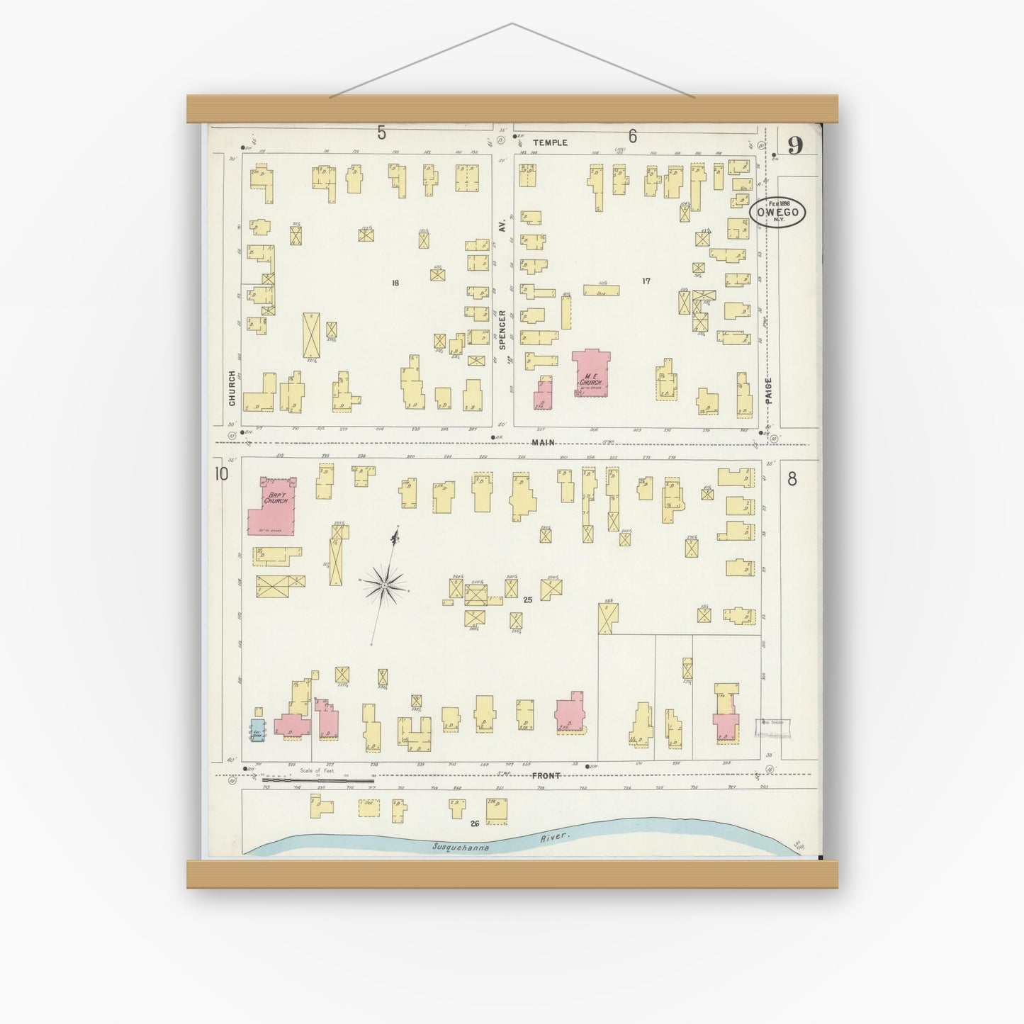 Old map wall art mockup — magnetic wood frame on white wall — Sanborn Fire Insurance Map from Owego, Tioga County, New York (1898), Sheet #0009