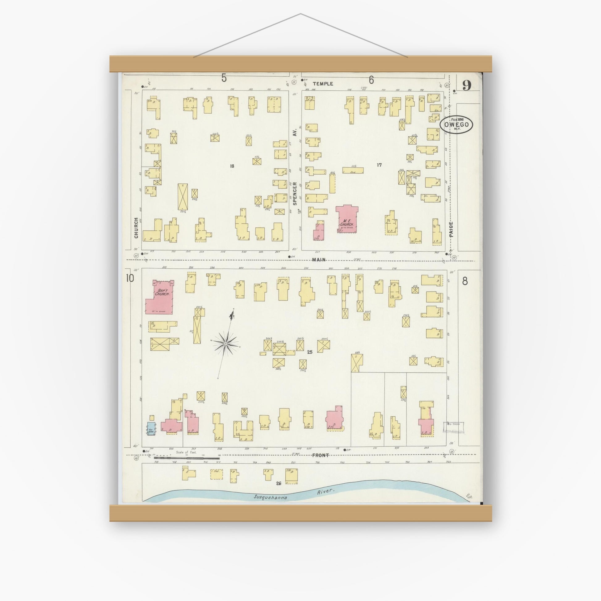 Old map wall art mockup — magnetic wood frame on white wall — Sanborn Fire Insurance Map from Owego, Tioga County, New York (1898), Sheet #0009