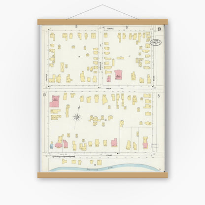 Old map wall art mockup — magnetic wood frame on white wall — Sanborn Fire Insurance Map from Owego, Tioga County, New York (1898), Sheet #0009