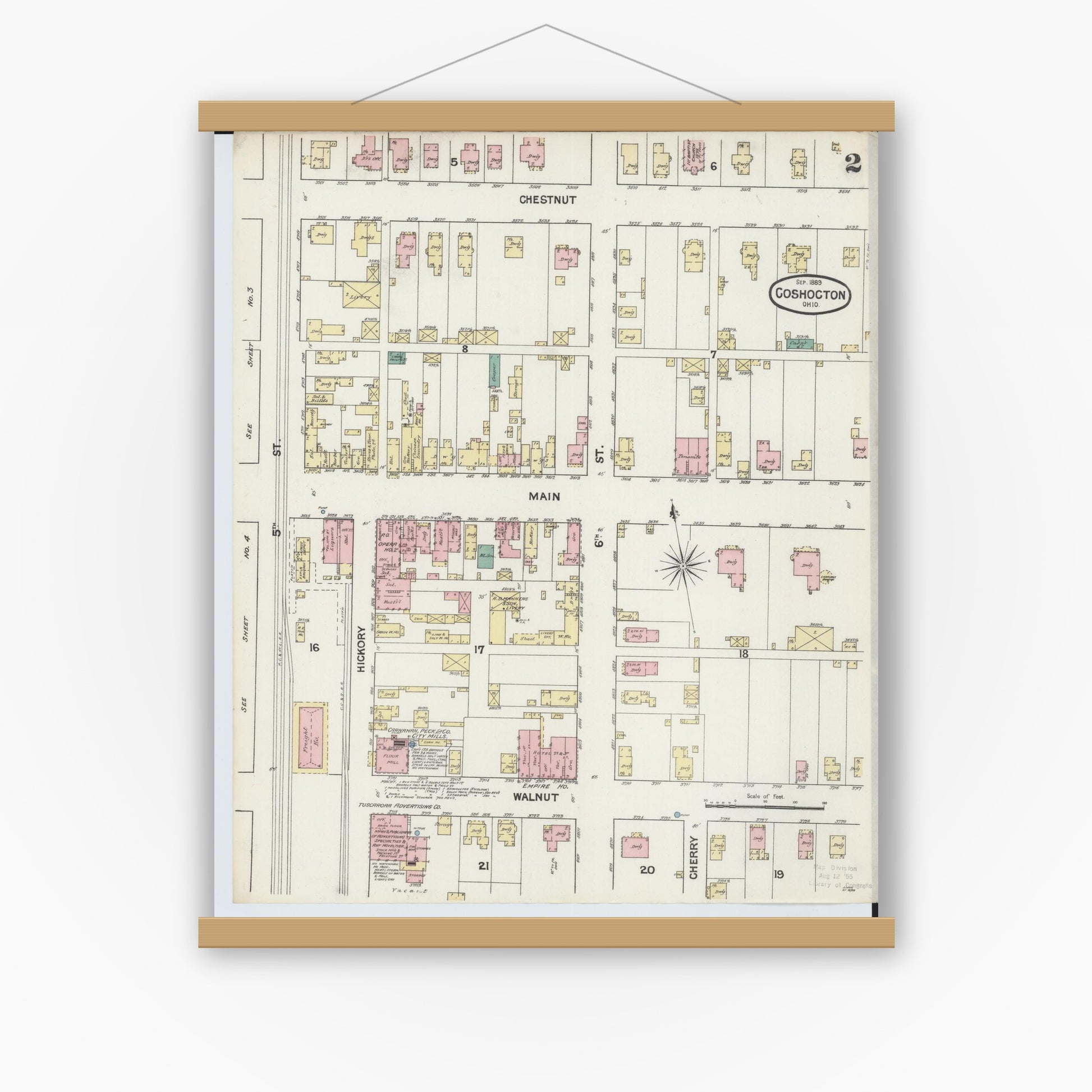 Old map wall art mockup — magnetic wood frame on white wall — Sanborn Fire Insurance Map from Coshocton, Coshocton County, Ohio (1889), Sheet #0002
