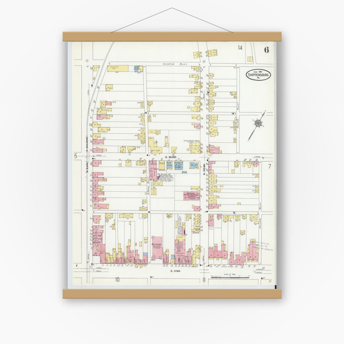 Old map wall art mockup — magnetic wood frame on white wall — Sanborn Fire Insurance Map from Shippensburg, Cumberland And Franklin Counties, Pennsylvania (1910), Sheet #0006