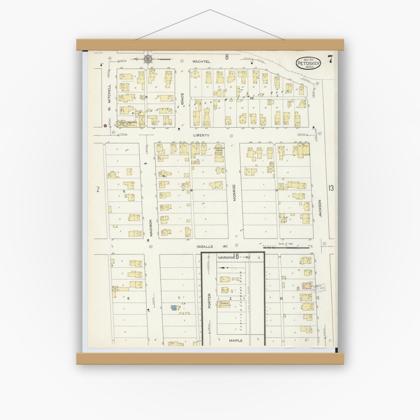 Old map wall art mockup — magnetic wood frame on white wall — Sanborn Fire Insurance Map from Petoskey, Emmet County, Michigan (1913), Sheet #0007