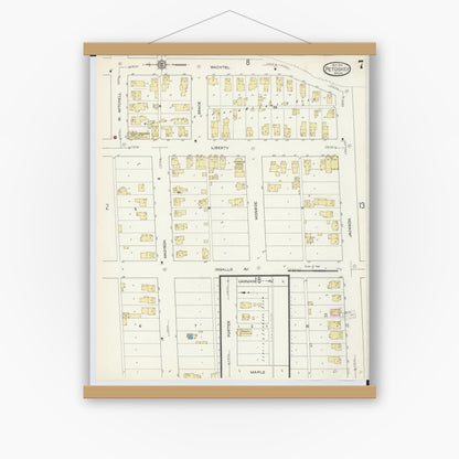 Old map wall art mockup — magnetic wood frame on white wall — Sanborn Fire Insurance Map from Petoskey, Emmet County, Michigan (1913), Sheet #0007