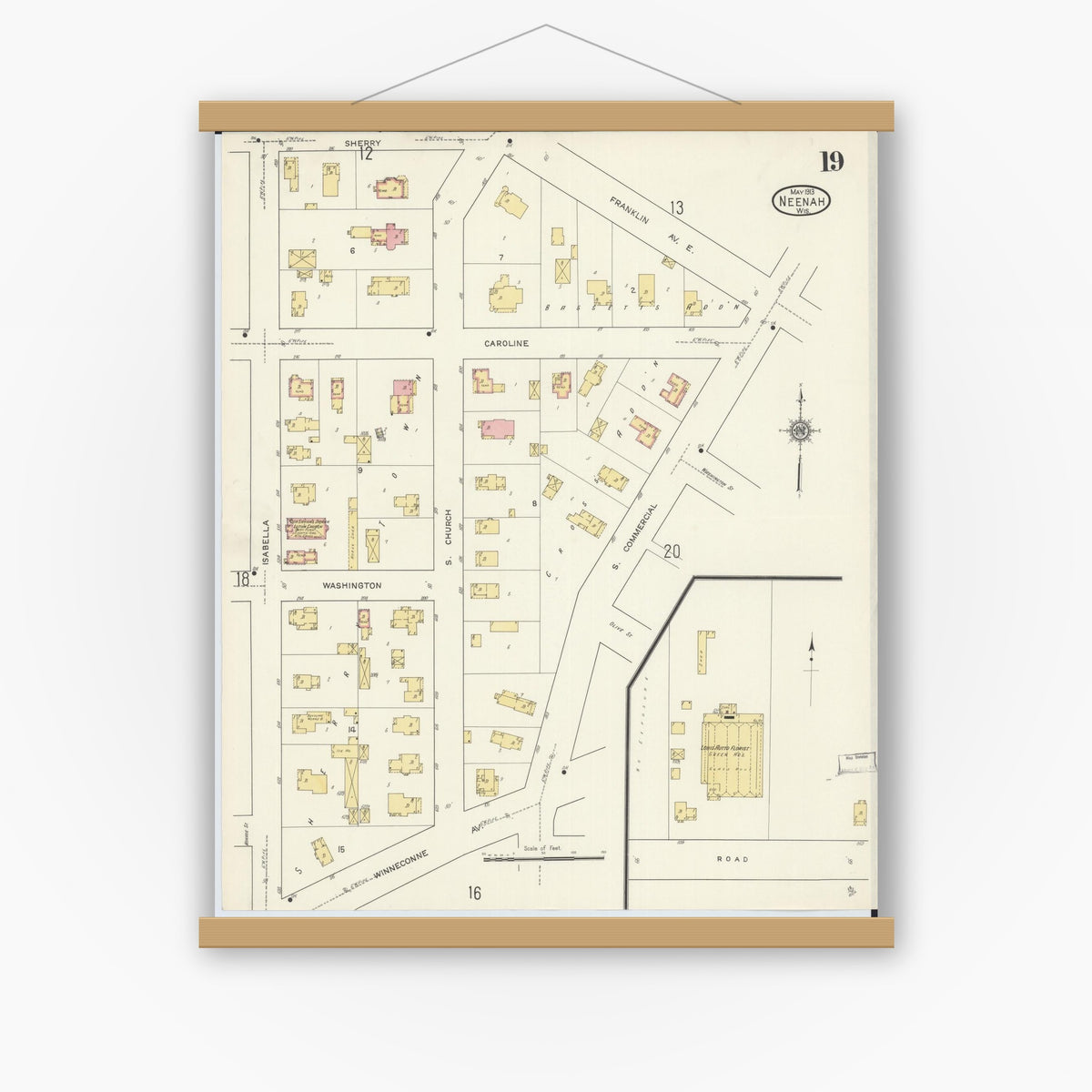 Old map wall art mockup — magnetic wood frame on white wall — Sanborn Fire Insurance Map from Neenah, Winnebago County, Wisconsin (1913), Sheet #0019