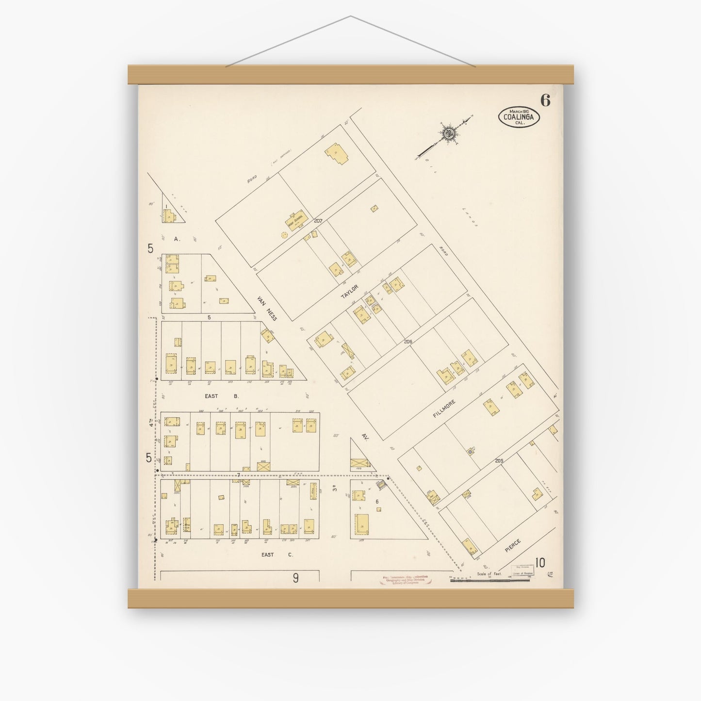Old map wall art mockup — magnetic wood frame on white wall — Sanborn Fire Insurance Map from Coalinga, Fresno County, California (1910), Sheet #0006