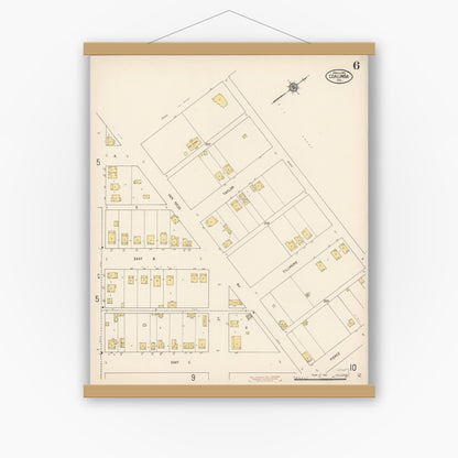 Old map wall art mockup — magnetic wood frame on white wall — Sanborn Fire Insurance Map from Coalinga, Fresno County, California (1910), Sheet #0006