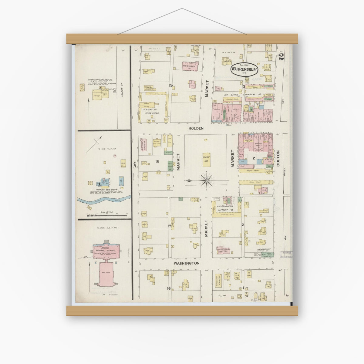 Old map wall art mockup — magnetic wood frame on white wall — Sanborn Fire Insurance Map from Warrensburg, Johnson County, Missouri (1888), Sheet #0002