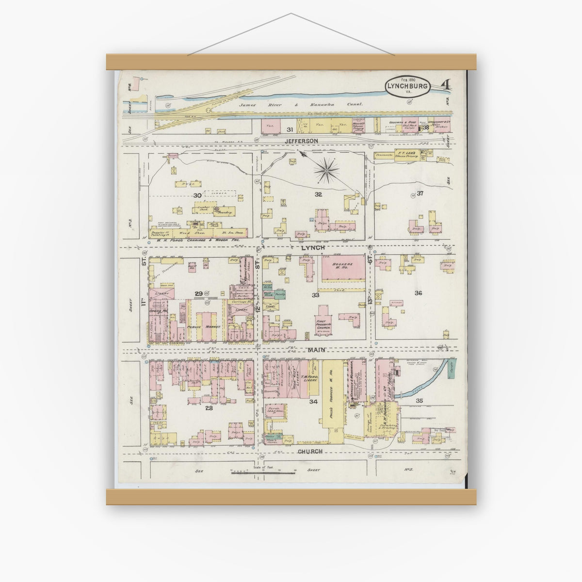 Old map wall art mockup — magnetic wood frame on white wall — Sanborn Fire Insurance Map from Lynchburg, Independent Cities, Virginia (1890), Sheet #0004