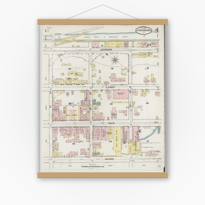 Old map wall art mockup — magnetic wood frame on white wall — Sanborn Fire Insurance Map from Lynchburg, Independent Cities, Virginia (1890), Sheet #0004