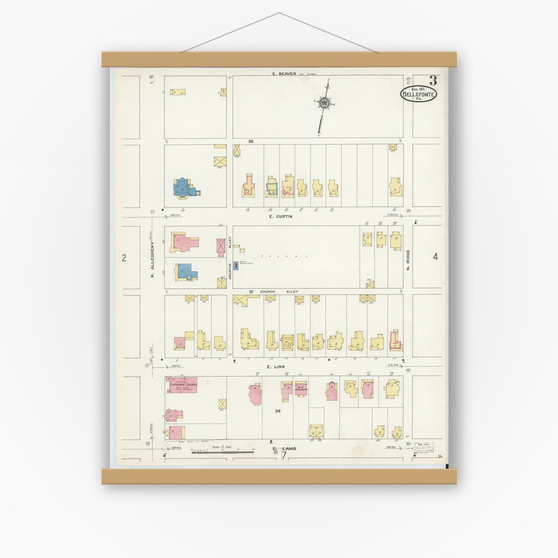 Old map wall art mockup — magnetic wood frame on white wall — Sanborn Fire Insurance Map from Bellefonte, Centre County, Pennsylvania (1911), Sheet #0003