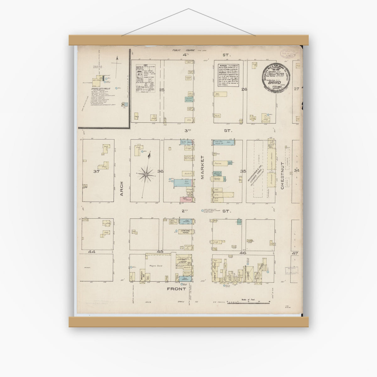 Old map wall art mockup — magnetic wood frame on white wall — Sanborn Fire Insurance Map from Baird, Callahan County, Texas (1885), Sheet #0001