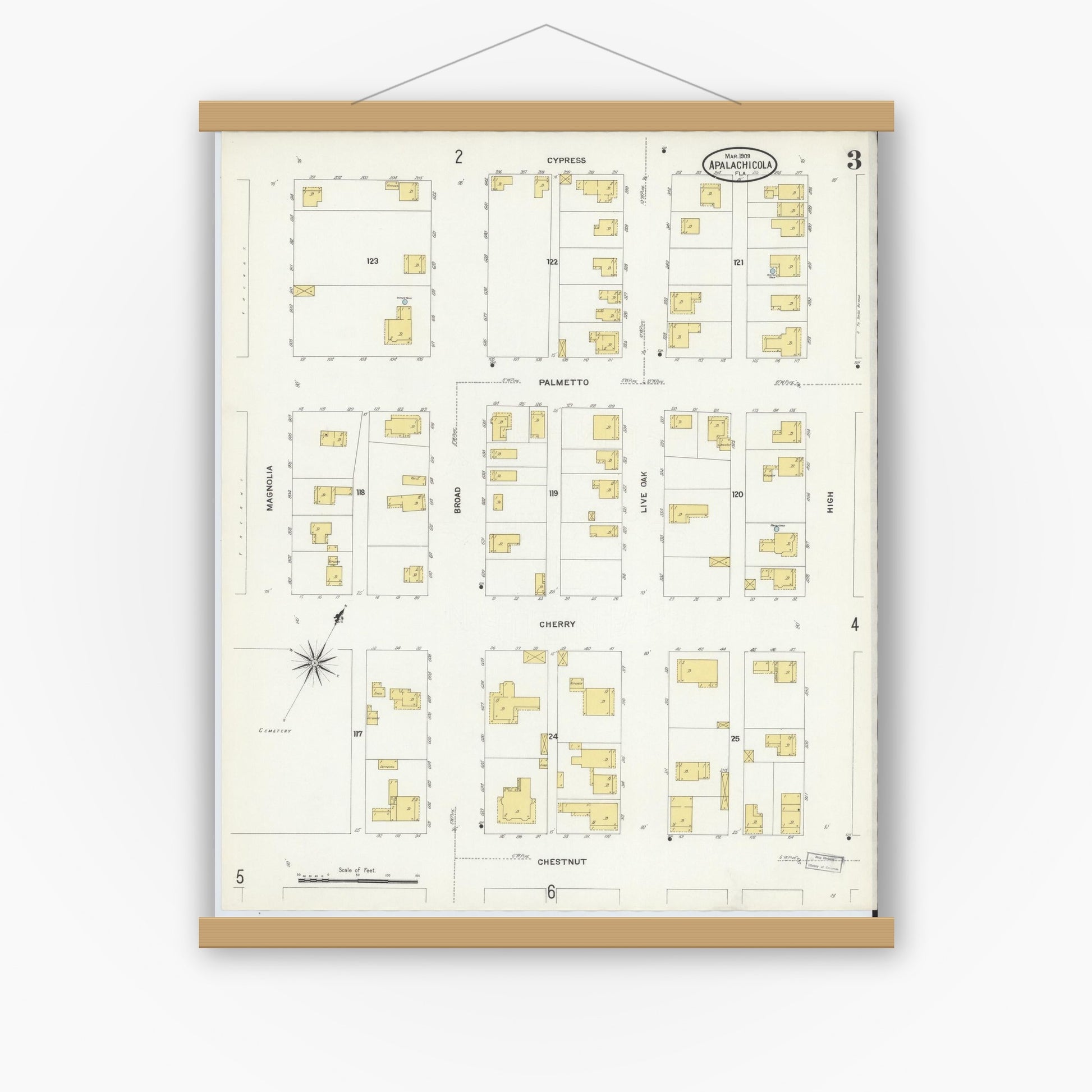 Old map wall art mockup — magnetic wood frame on white wall — Sanborn Fire Insurance Map from Apalachicola, Franklin County, Florida (1909), Sheet #0003