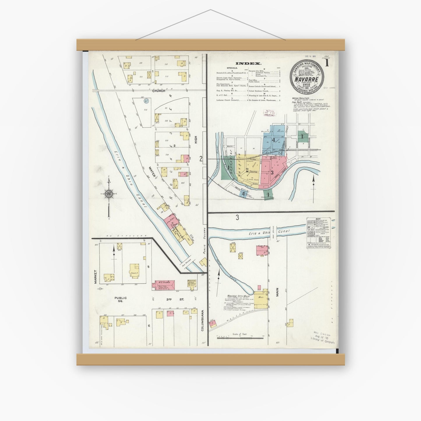 Old map wall art mockup — magnetic wood frame on white wall — Sanborn Fire Insurance Map from Navarre, Stark County, Ohio (1911) - Complete Map Set