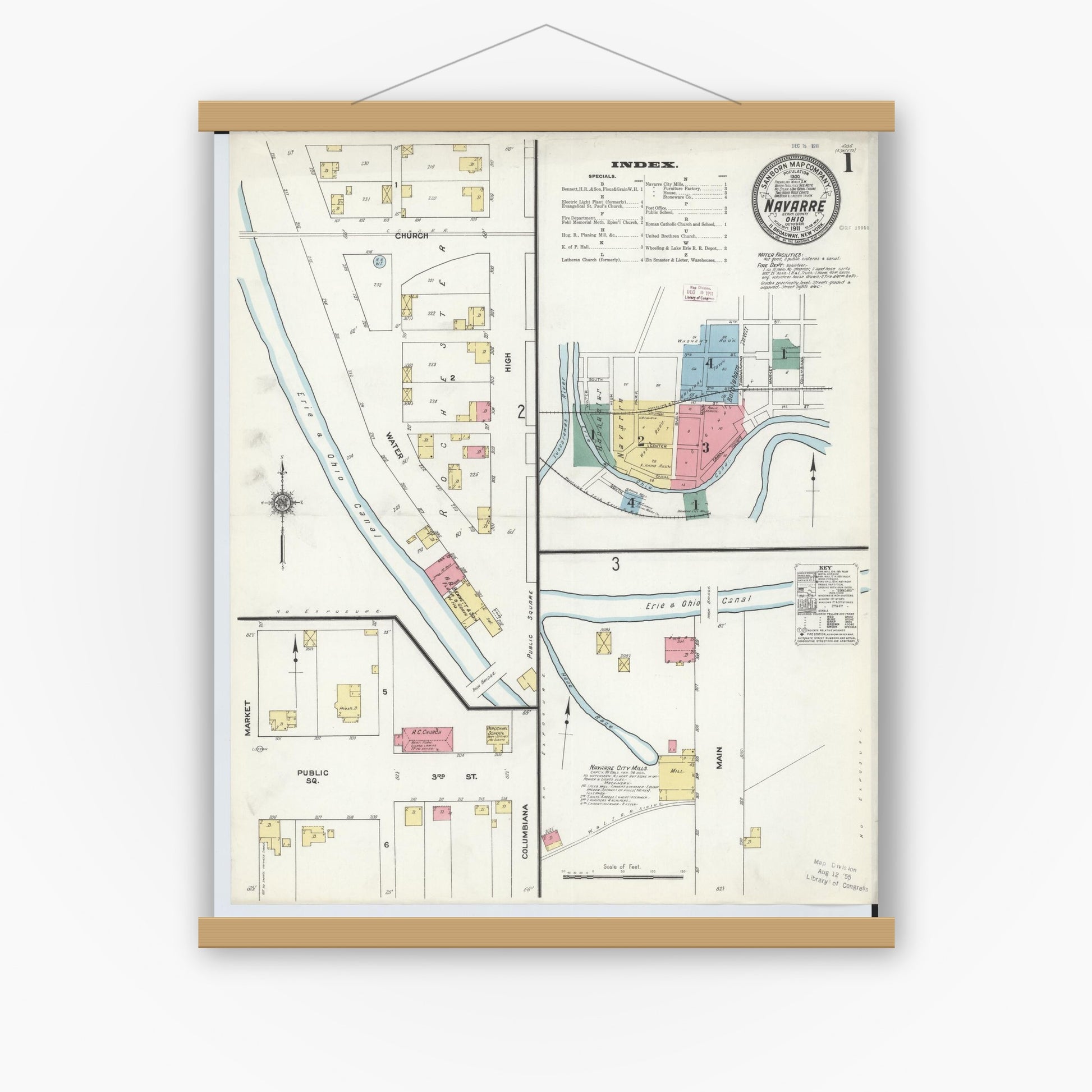 Old map wall art mockup — magnetic wood frame on white wall — Sanborn Fire Insurance Map from Navarre, Stark County, Ohio (1911) - Complete Map Set