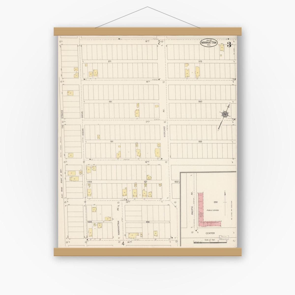 Old map wall art mockup — magnetic wood frame on white wall — Sanborn Fire Insurance Map from Manhattan Beach, Los Angeles County, California (1917), Sheet #0003