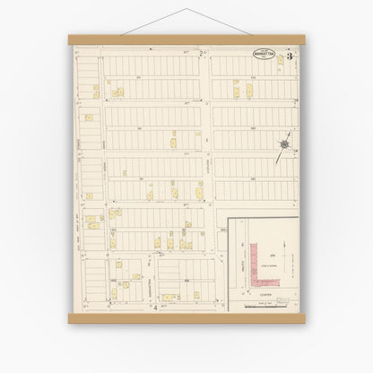 Old map wall art mockup — magnetic wood frame on white wall — Sanborn Fire Insurance Map from Manhattan Beach, Los Angeles County, California (1917), Sheet #0003
