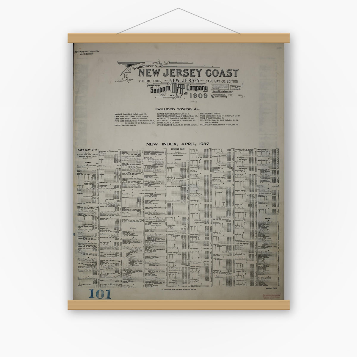 Old map wall art mockup — magnetic wood frame on white wall — Sanborn Fire Insurance Map from New Jersey Coast, New Jersey Coast, New Jersey (1945), Sheet #0001