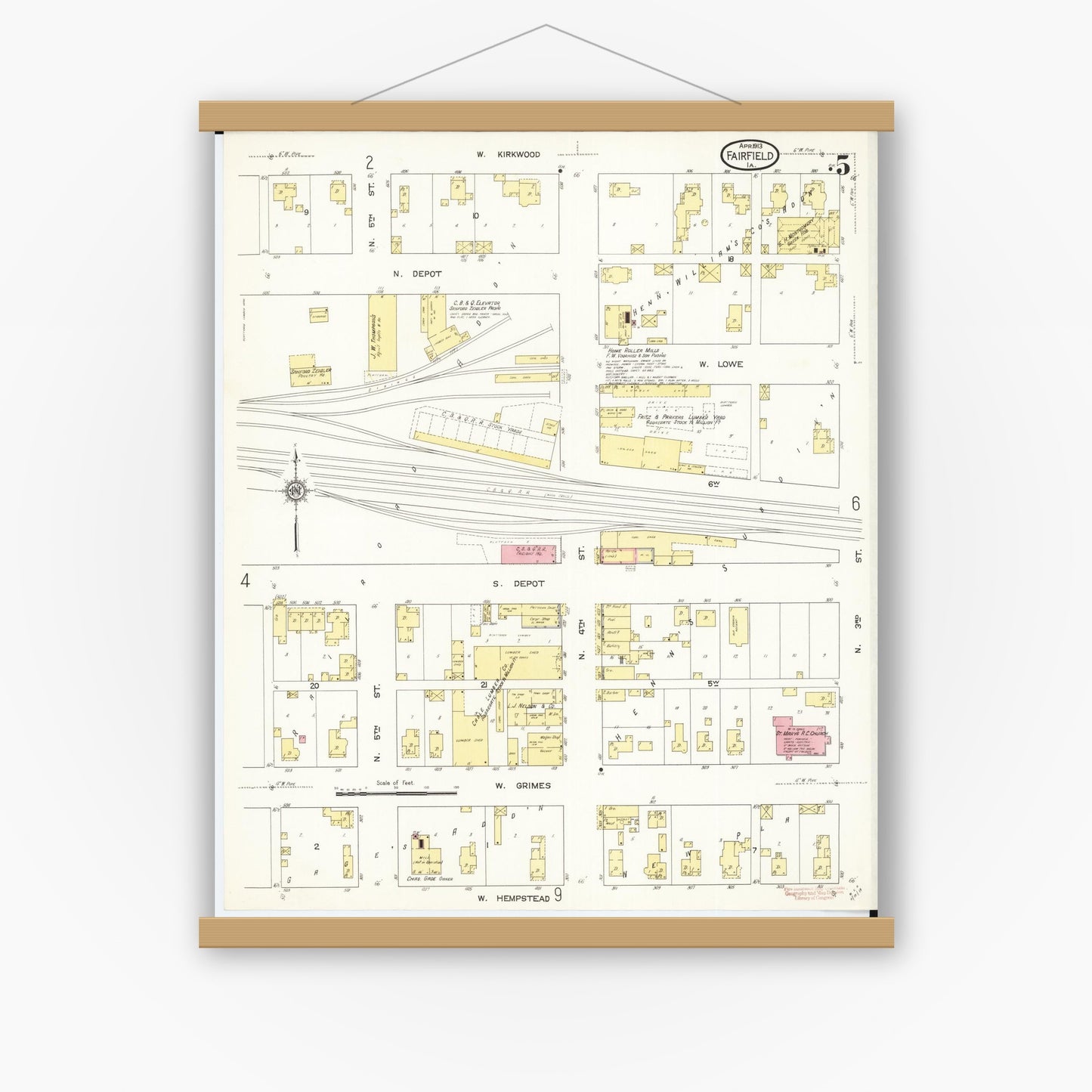Old map wall art mockup — magnetic wood frame on white wall — Sanborn Fire Insurance Map from Fairfield, Jefferson County, Iowa (1913), Sheet #0005