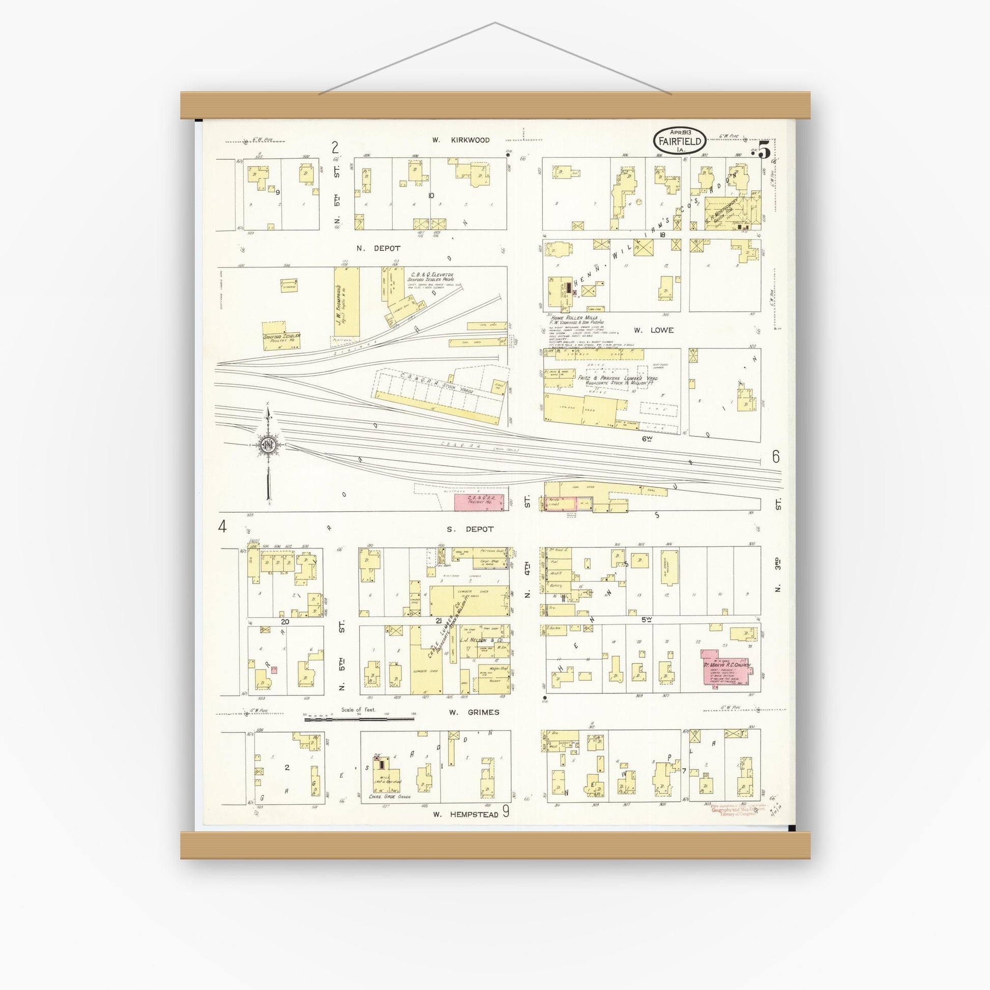 Old map wall art mockup — magnetic wood frame on white wall — Sanborn Fire Insurance Map from Fairfield, Jefferson County, Iowa (1913), Sheet #0005
