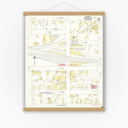 Old map wall art mockup — magnetic wood frame on white wall — Sanborn Fire Insurance Map from Fairfield, Jefferson County, Iowa (1913), Sheet #0005