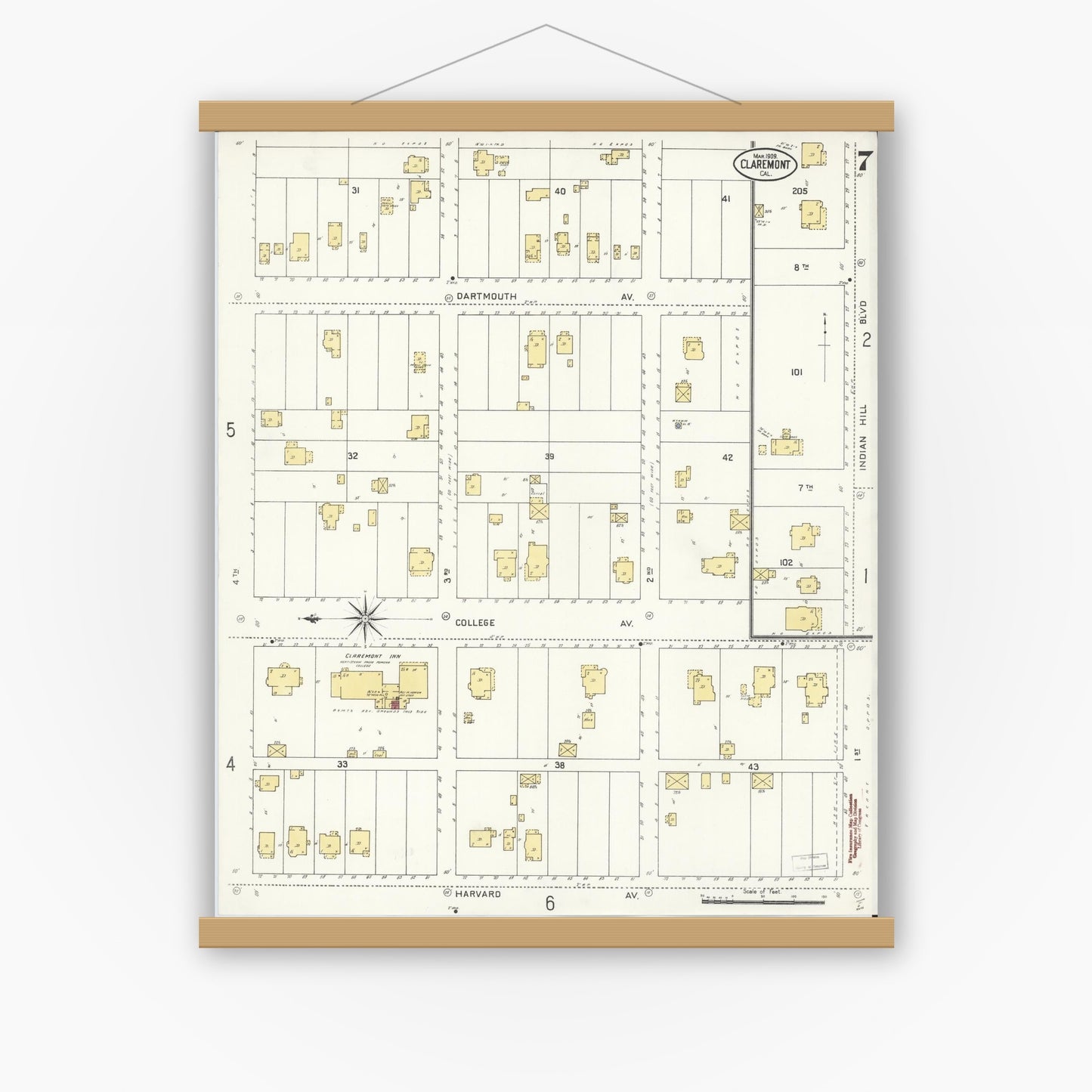 Old map wall art mockup — magnetic wood frame on white wall — Sanborn Fire Insurance Map from Claremont, Los Angeles County, California (1909), Sheet #0007