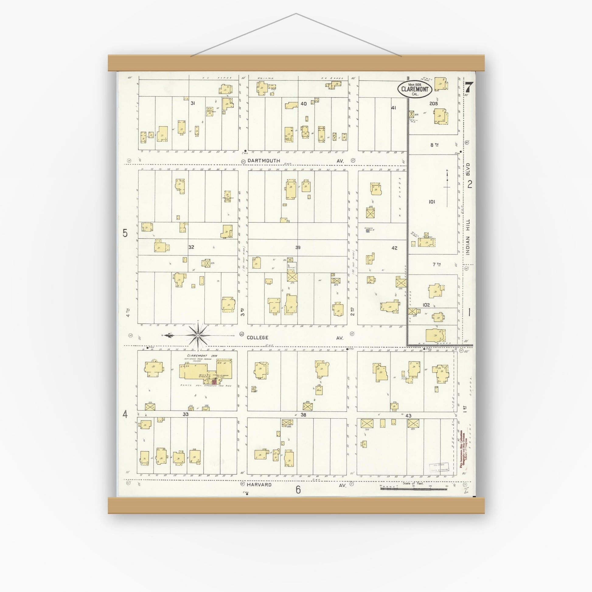 Old map wall art mockup — magnetic wood frame on white wall — Sanborn Fire Insurance Map from Claremont, Los Angeles County, California (1909), Sheet #0007