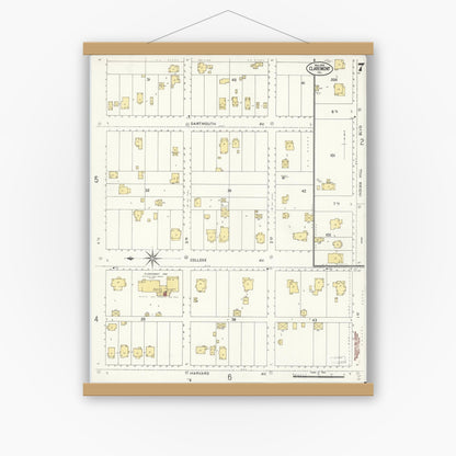 Old map wall art mockup — magnetic wood frame on white wall — Sanborn Fire Insurance Map from Claremont, Los Angeles County, California (1909), Sheet #0007