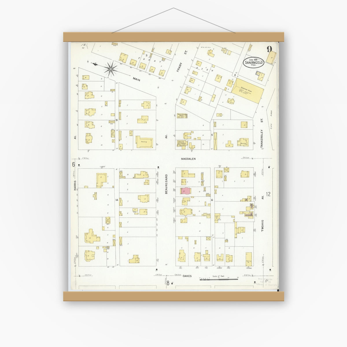 Old map wall art mockup — magnetic wood frame on white wall — Sanborn Fire Insurance Map from San Angelo, Tom Green County, Texas (1908), Sheet #0009
