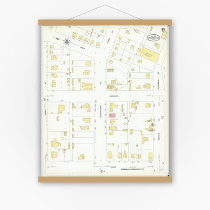 Old map wall art mockup — magnetic wood frame on white wall — Sanborn Fire Insurance Map from San Angelo, Tom Green County, Texas (1908), Sheet #0009