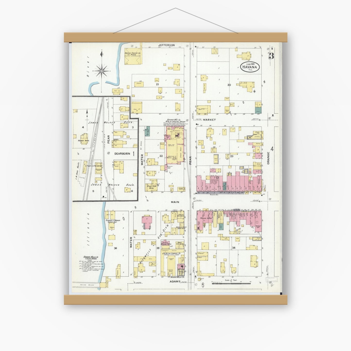 Old map wall art mockup — magnetic wood frame on white wall — Sanborn Fire Insurance Map from Havana, Mason County, Illinois (1909), Sheet #0003