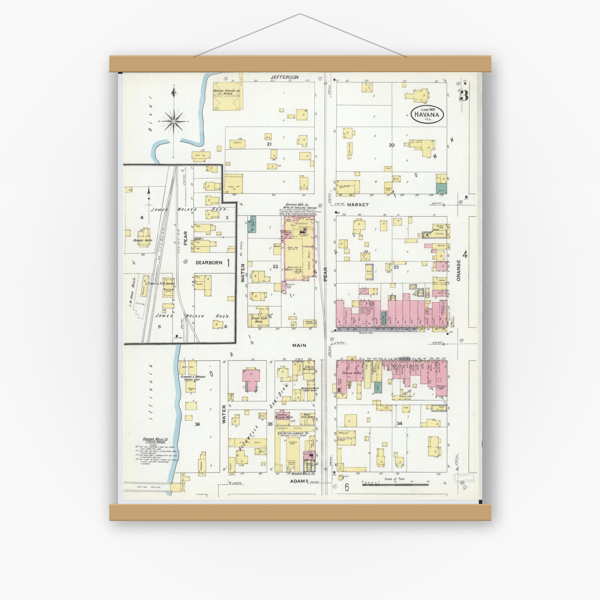 Old map wall art mockup — magnetic wood frame on white wall — Sanborn Fire Insurance Map from Havana, Mason County, Illinois (1909), Sheet #0003