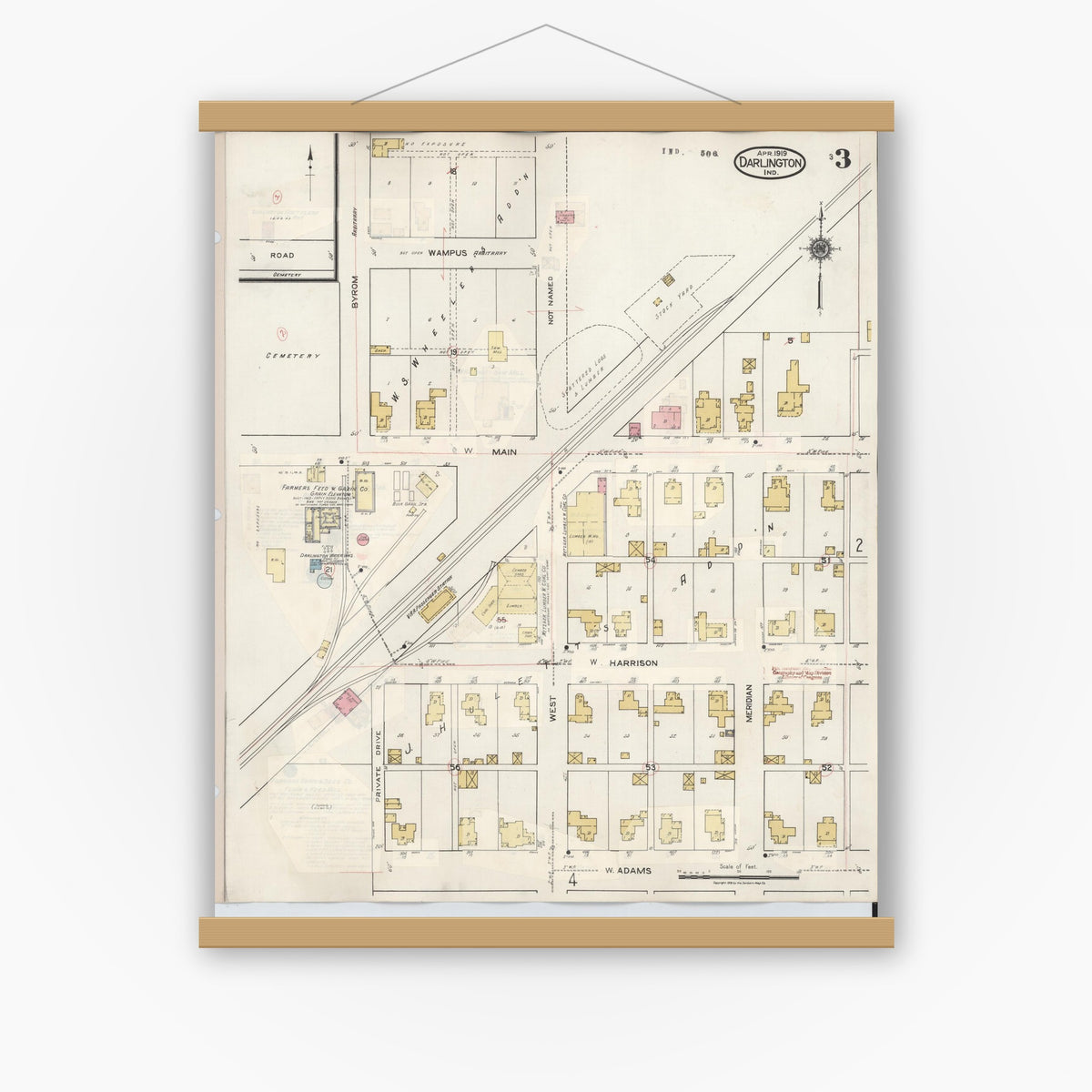 Old map wall art mockup — magnetic wood frame on white wall — Sanborn Fire Insurance Map from Darlington, Montgomery County, Indiana (1942), Sheet #0003