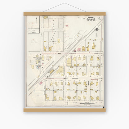 Old map wall art mockup — magnetic wood frame on white wall — Sanborn Fire Insurance Map from Darlington, Montgomery County, Indiana (1942), Sheet #0003