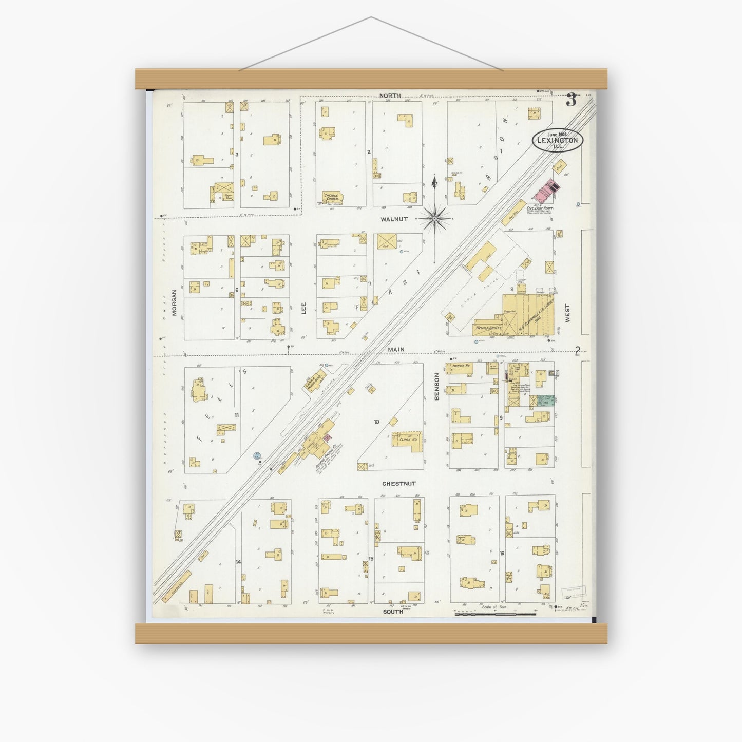 Old map wall art mockup — magnetic wood frame on white wall — Sanborn Fire Insurance Map from Lexington, McLean County, Illinois (1906), Sheet #0003