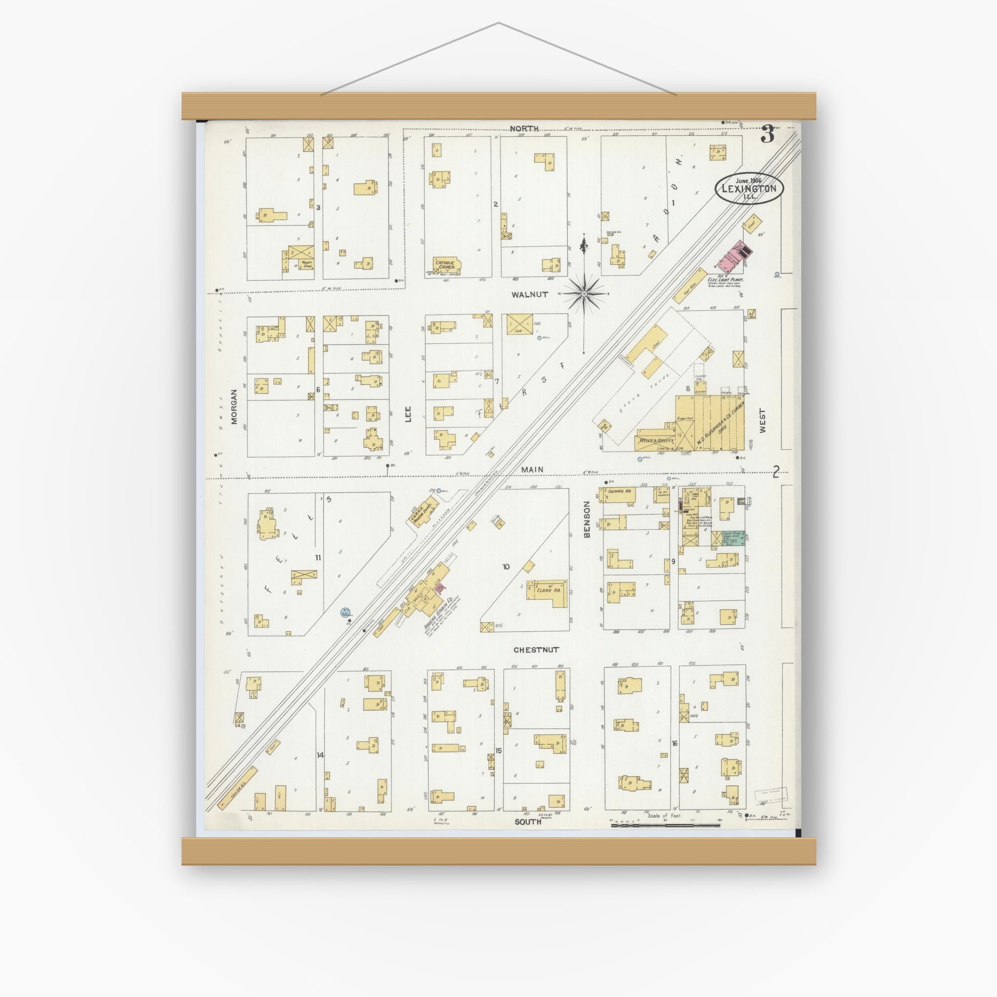 Old map wall art mockup — magnetic wood frame on white wall — Sanborn Fire Insurance Map from Lexington, McLean County, Illinois (1906), Sheet #0003