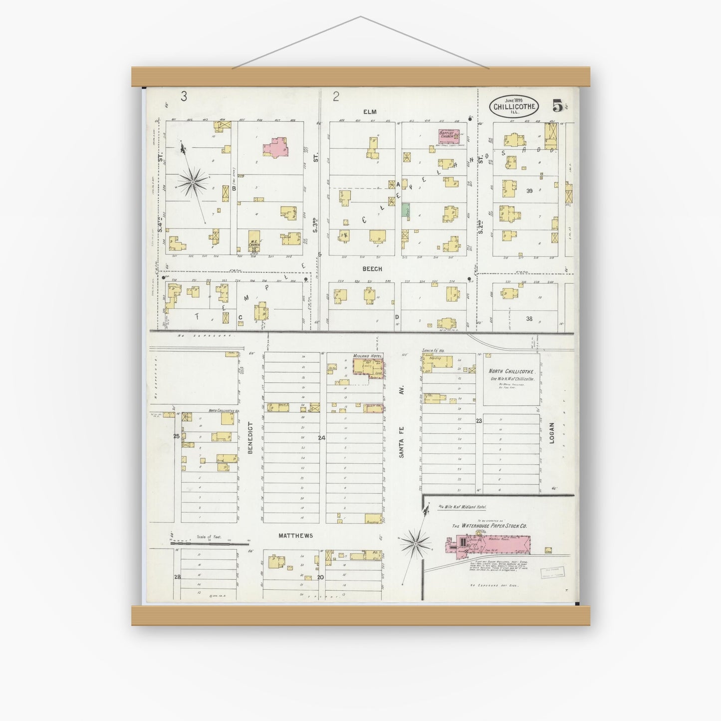 Old map wall art mockup — magnetic wood frame on white wall — Sanborn Fire Insurance Map from Chillicothe, Peoria County, Illinois (1899), Sheet #0005