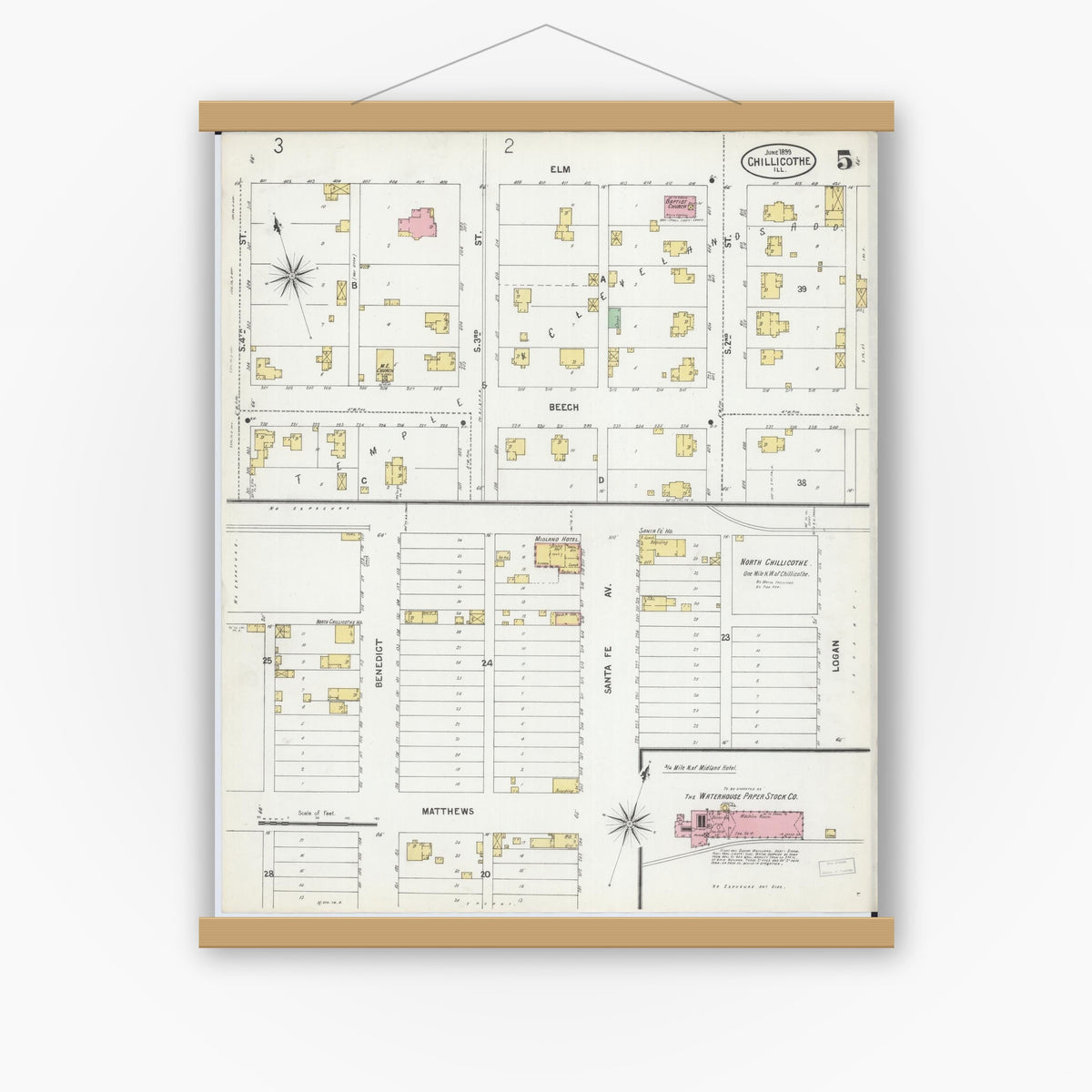Old map wall art mockup — magnetic wood frame on white wall — Sanborn Fire Insurance Map from Chillicothe, Peoria County, Illinois (1899), Sheet #0005