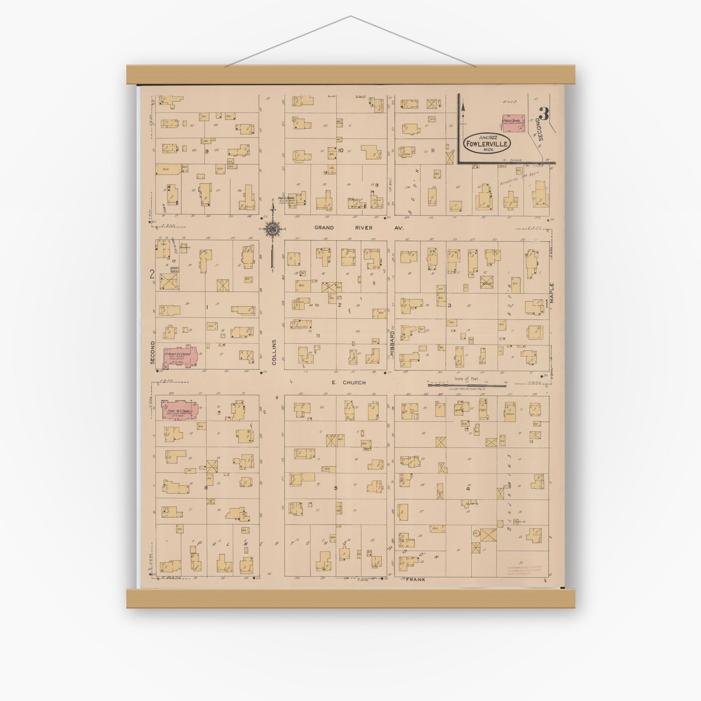 Old map wall art mockup — magnetic wood frame on white wall — Sanborn Fire Insurance Map from Fowlerville, Livingston County, Michigan (1922), Sheet #0003