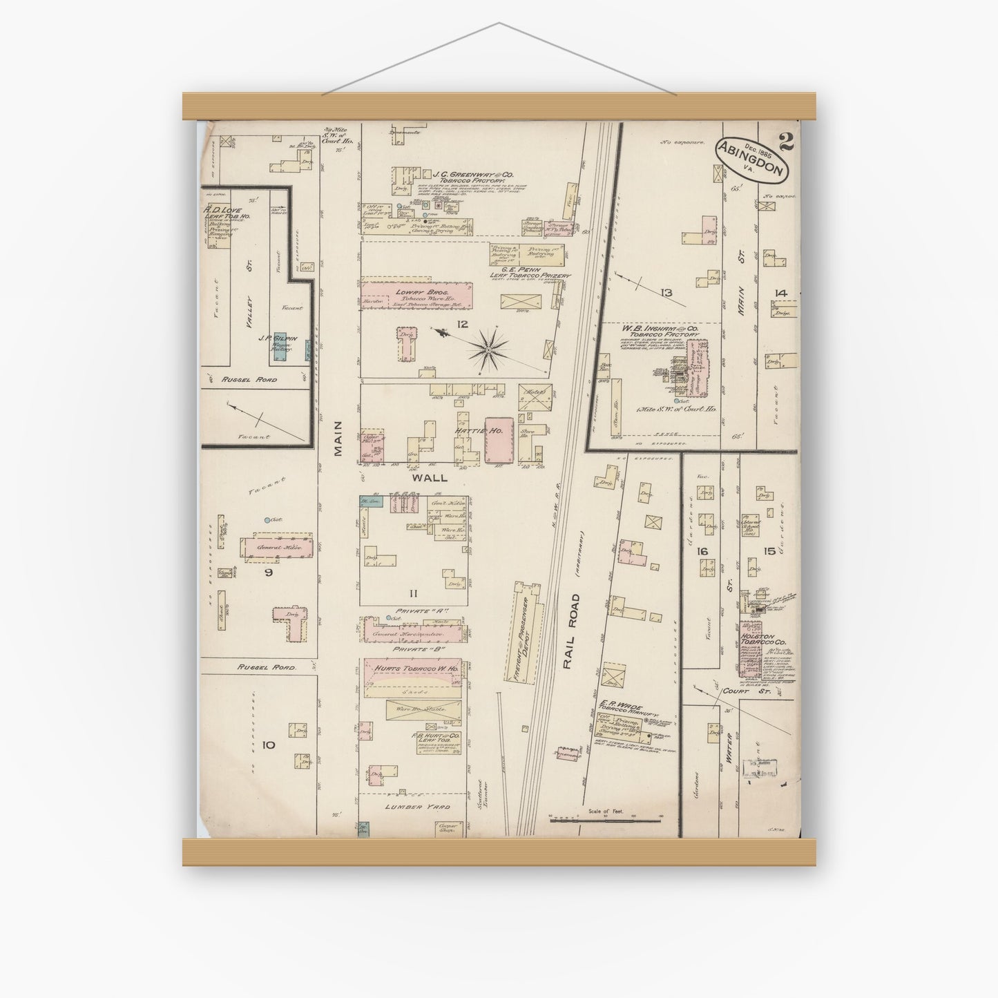 Old map wall art mockup — magnetic wood frame on white wall — Sanborn Fire Insurance Map from Abingdon, Washington County, Virginia (Unknown), Sheet #0002